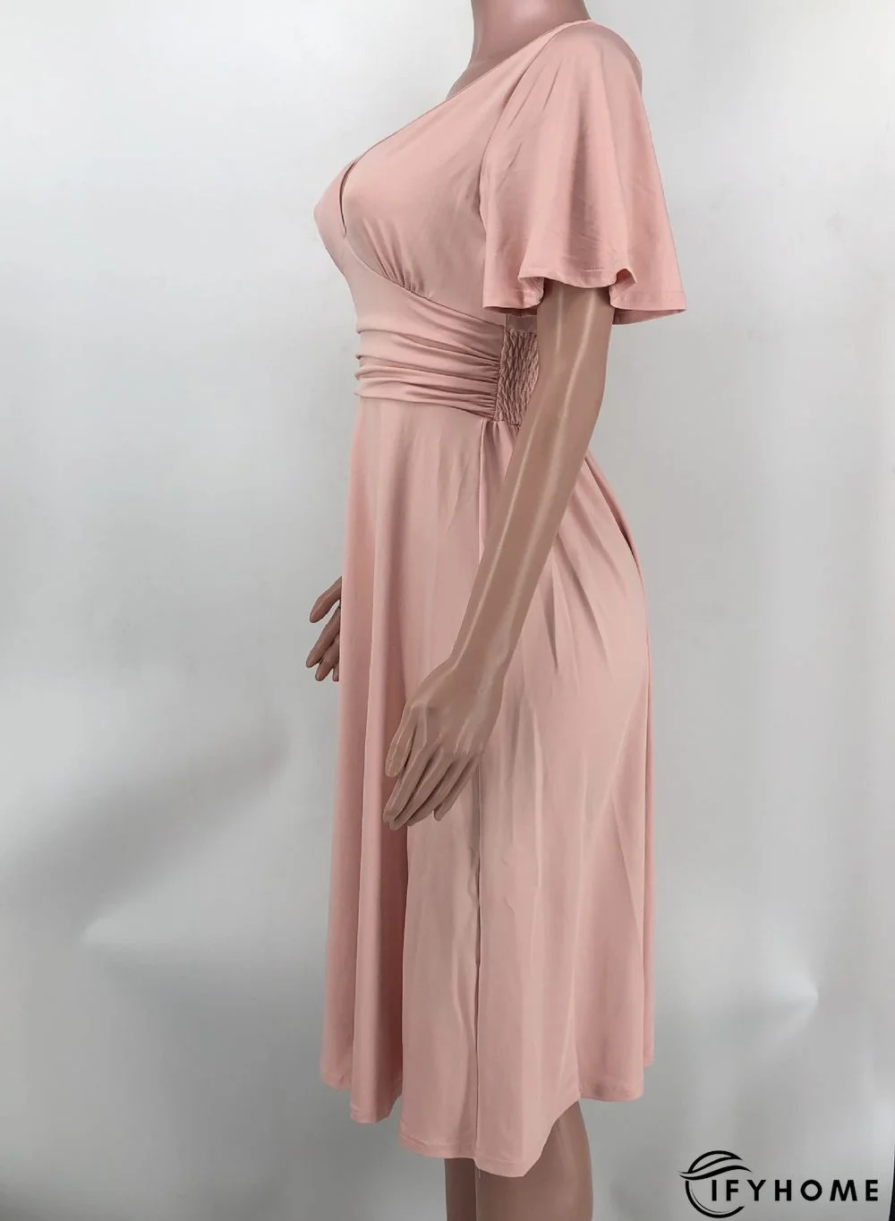 Fashion Solid Color V-neck Short-sleeved Waist Pleated Dress | IFYHOME