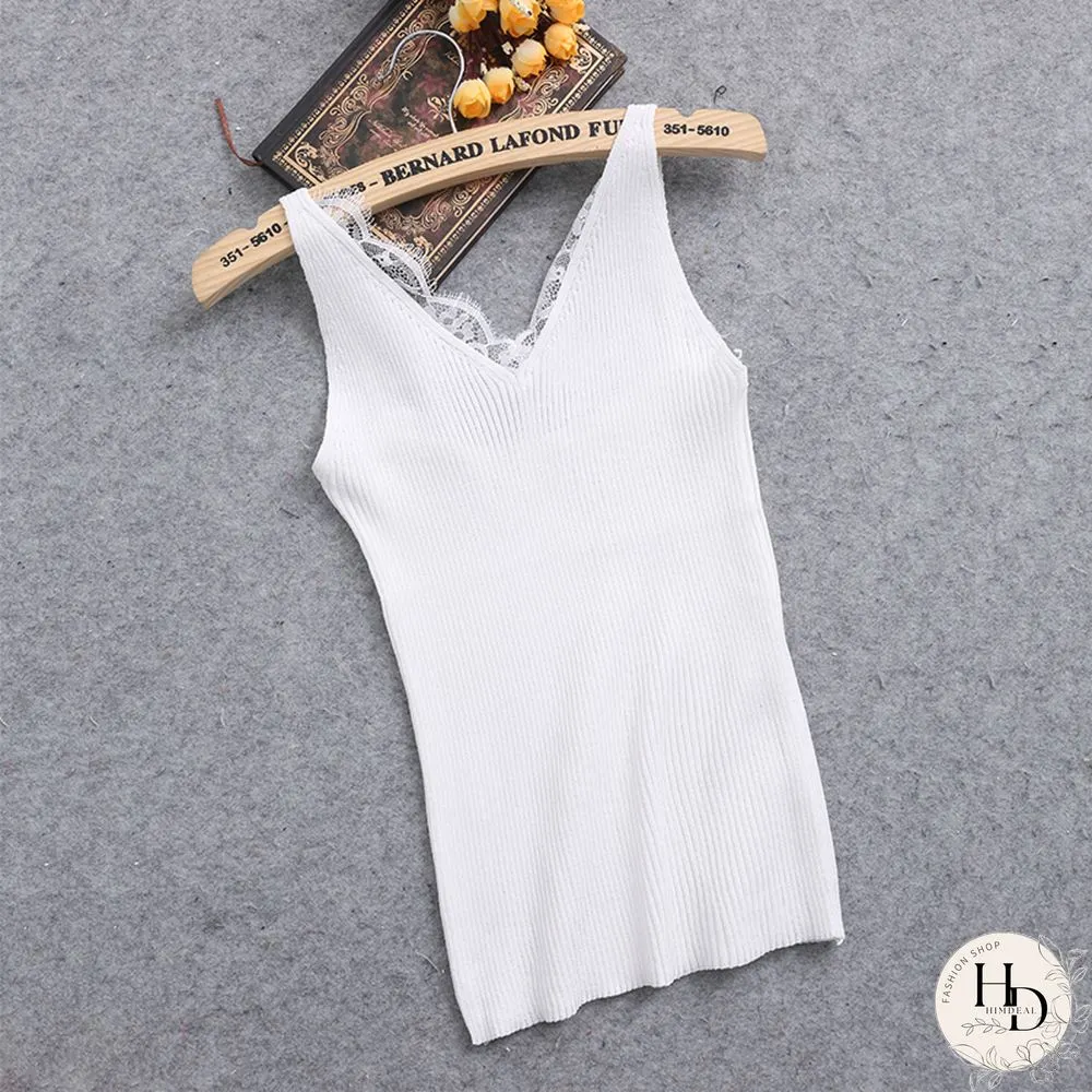 Sexy Women Plain Camisole Lace Splicing Double V Neck Vest Slim Sling Tank Tops