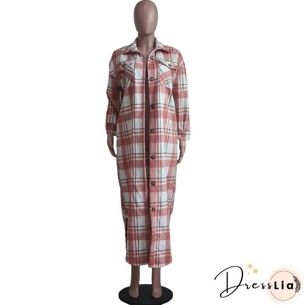 Classic Check Single-breasted Long Woolen Coat