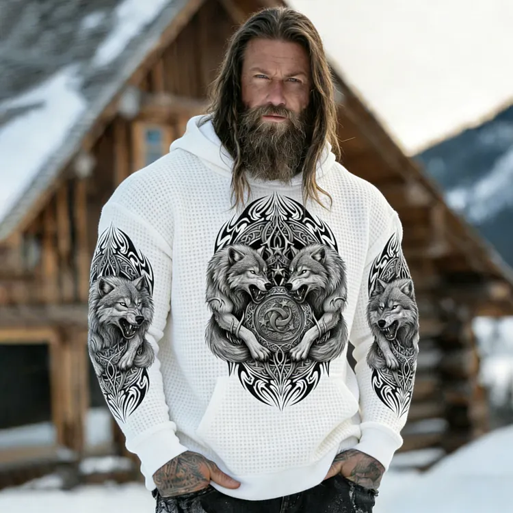 Men's Retro Viking Wolf With Flame Print Graphic Waffle Knit Hoodie