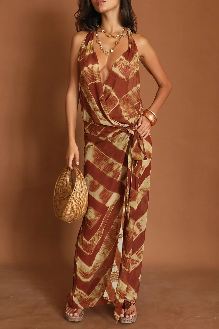 Tie Dye Print Plunge Neck Halter Tie Up Maxi Dresses-Brown [Pre Order]