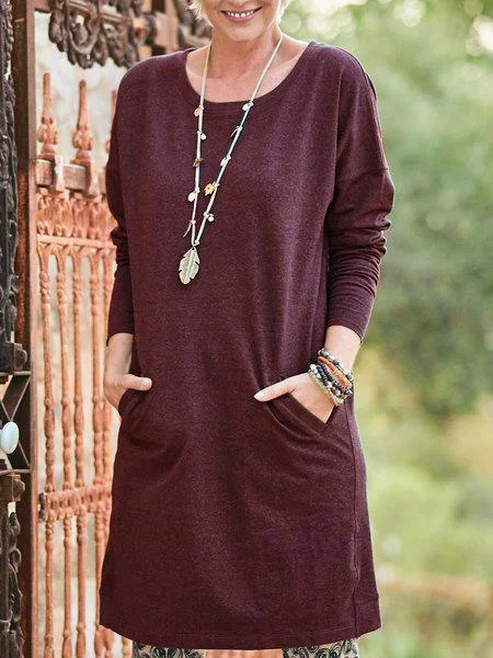 Long Sleeve Plain Pockets Casual Fall Dresses