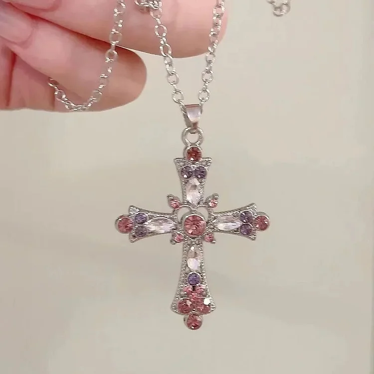 Y2K Zircon Cross Necklace Pink Purple Love Heart Cross Pendant Necklaces for Women Gothic Jewelry Party Girls Accessories 2023