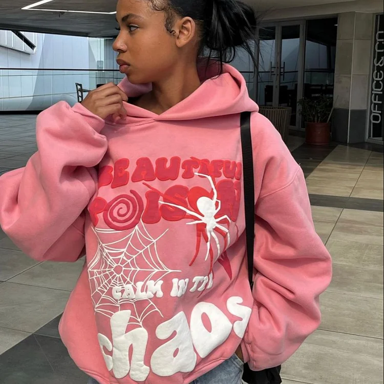 Letter Print Spider Pattern Sweatshirt Hoodies Y2k Baggy Hip Hop Punk Long Sleeve Hoodies at Hiphopee