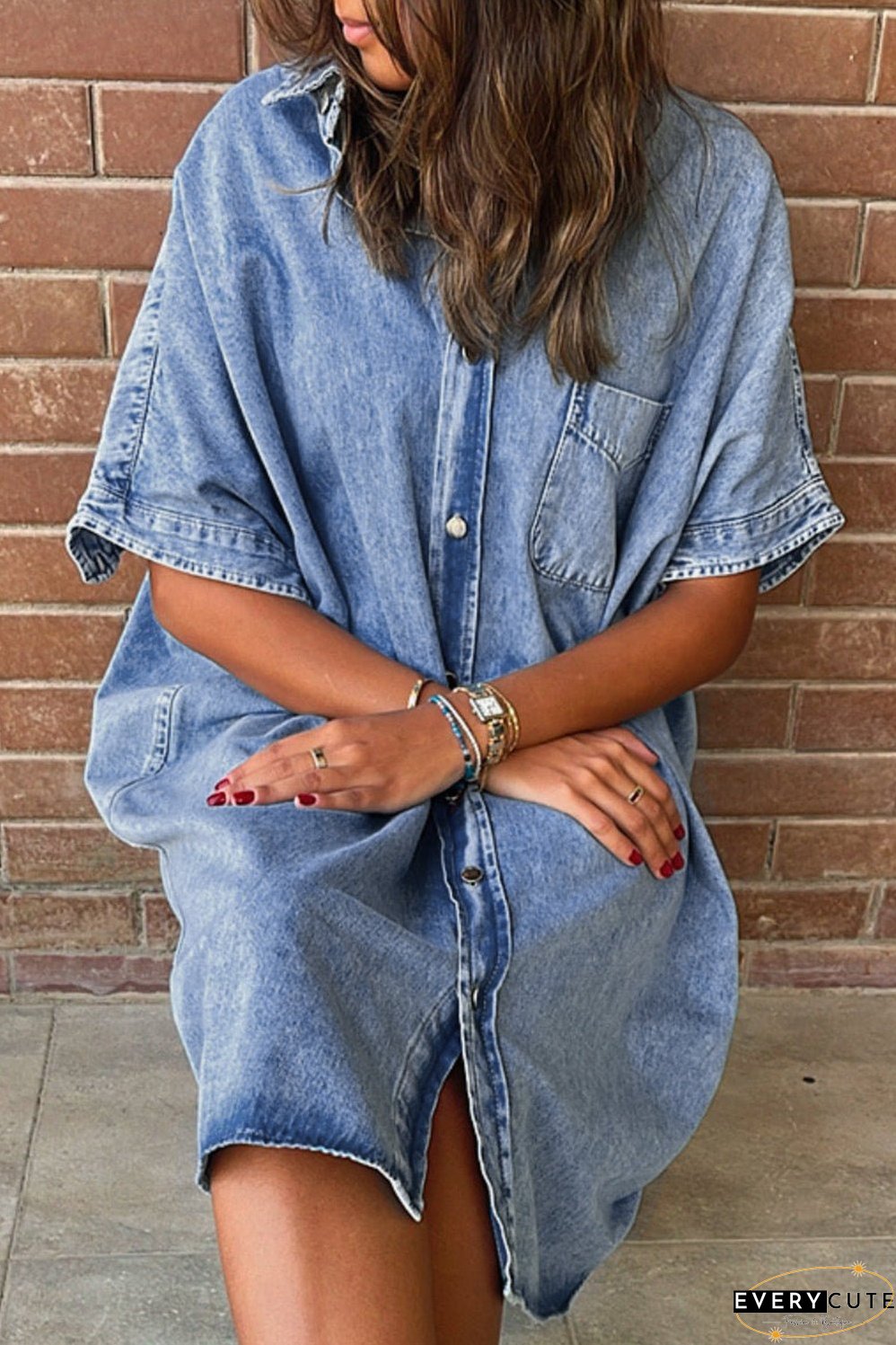 Denim Shirt Dress with Button Pockets
