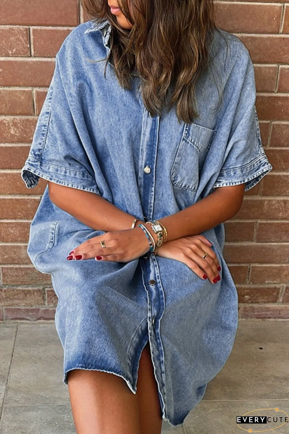 Denim Shirt Dress with Button Pockets
