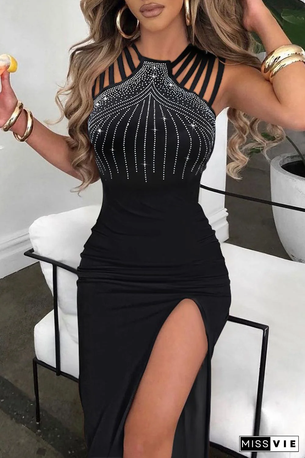 Sexy Elegant Solid Hot Drill V Neck Sling Dress Dresses
