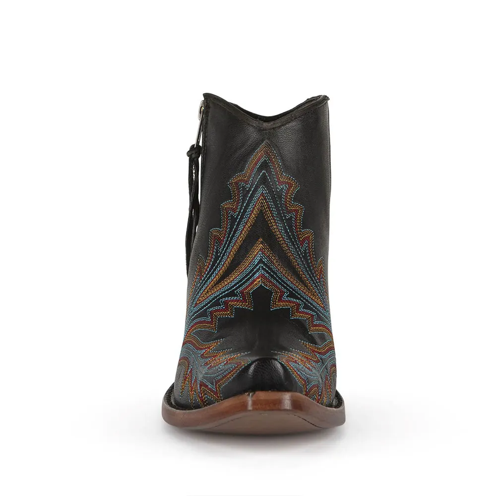 Black Snip Toe Embroidered Stacked Heel Zipper Western Boots for Women