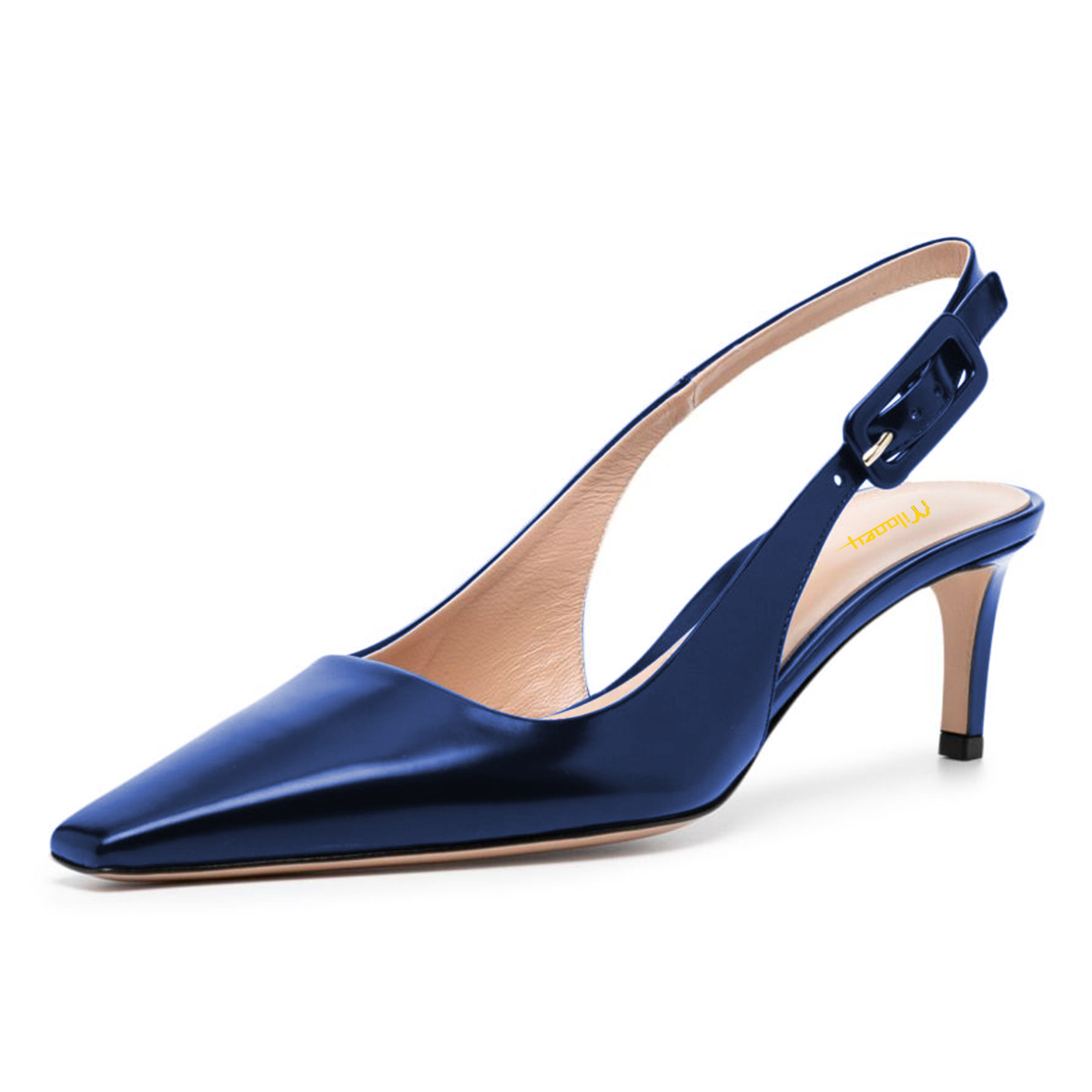 Square Toe Metallic Navy Blue Kitten Heel Slingback Pumps with Buckle Nicepairs
