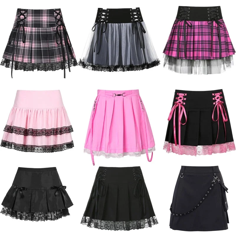 Harajuku Lace Y2K High Waist A-Line Gothic Pleated Skirt BE223