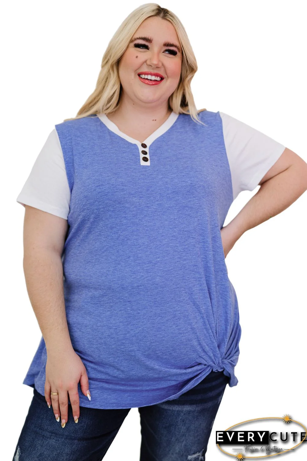 Sky Blue Plus Size Raglan Sleeve Colorblock Twist Top