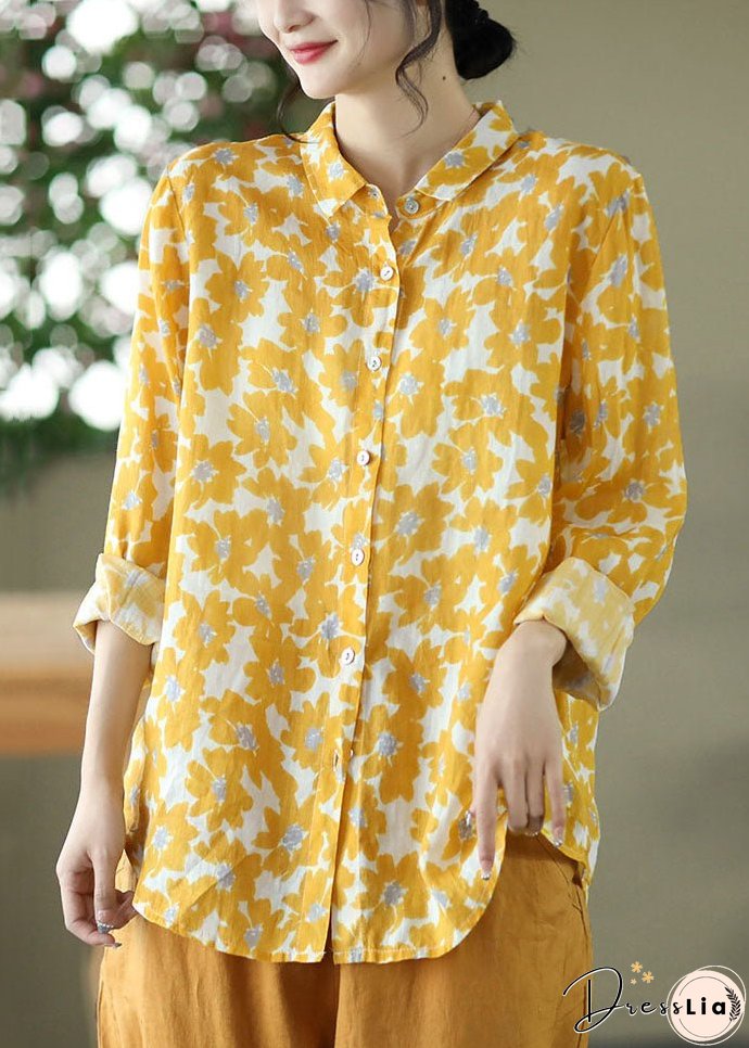 Organic Yellow Peter Pan Collar Print Cotton Shirts Long Sleeve