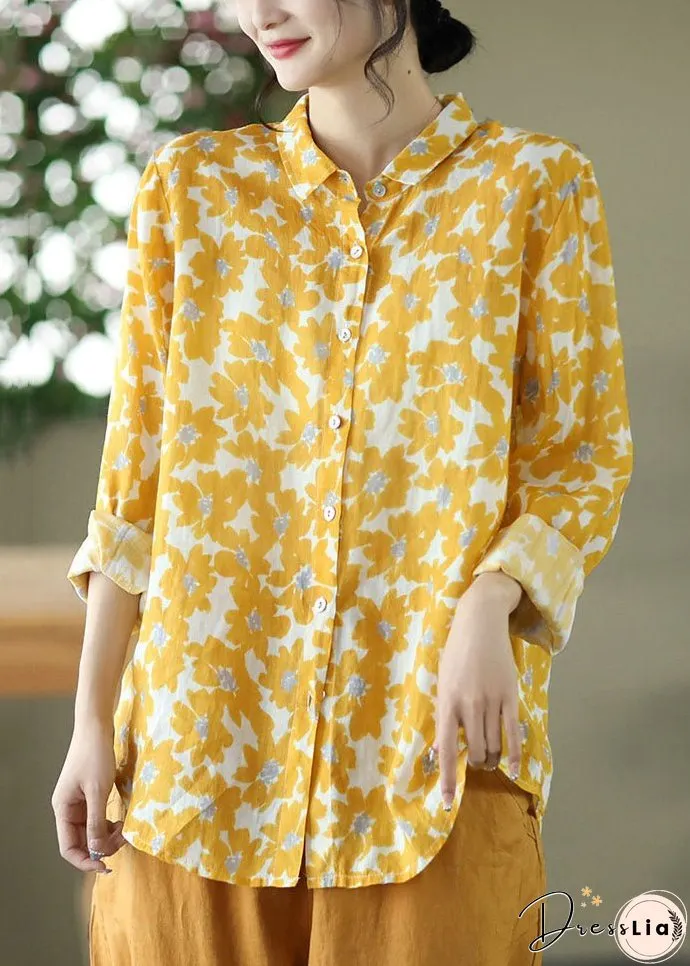 Organic Yellow Peter Pan Collar Print Cotton Shirts Long Sleeve