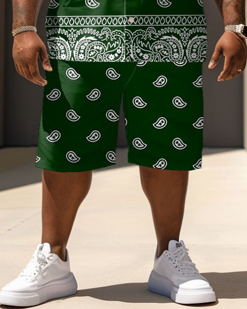Men's Plus Size Casual Vacation Vintage Green Paisley Print Shirt Shorts Set