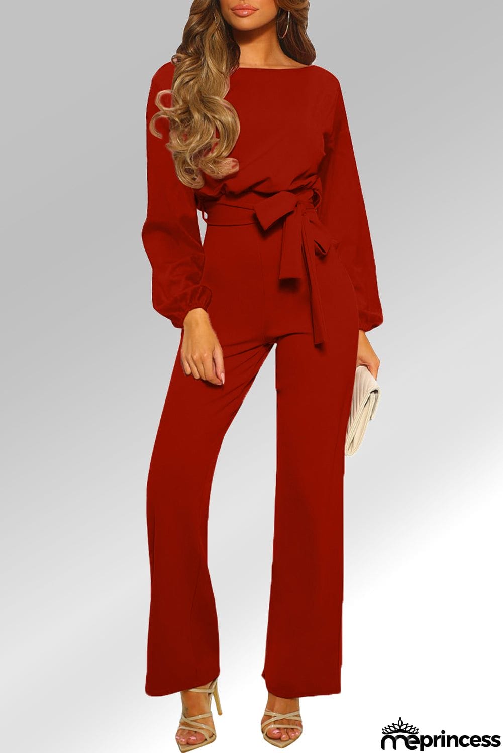 Navy Boat Neck Bubble Sleeve Straight Legs Jumpsuit with Belt Tie