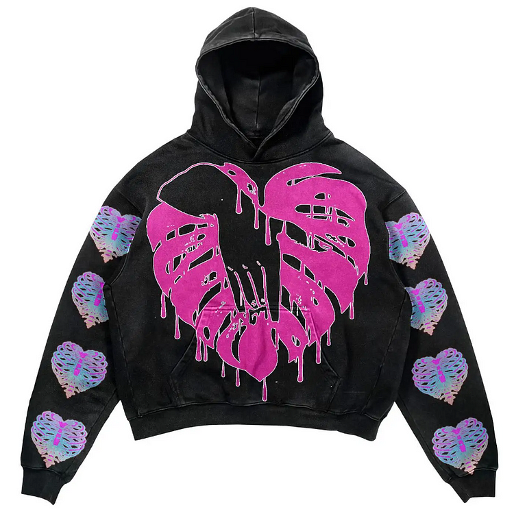 Retro Heart Printed Hoodies Sweater Oversized Loose Tops Goth Y2k Clothes at Hiphopee