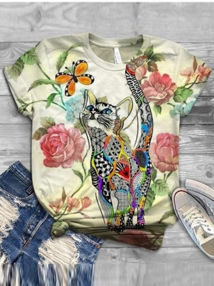 Cute Cats And Floral Print Short Sleeves Casual T-shirt