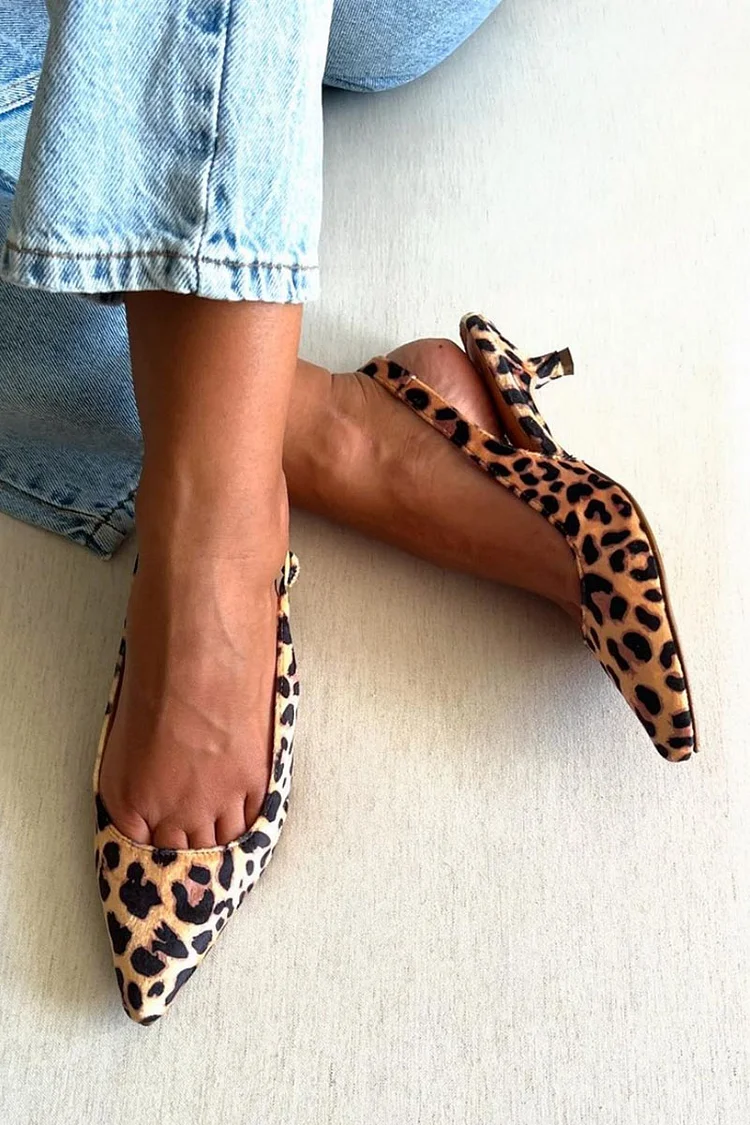 Leopard Print Slingback Strap Pointy Toe Brown Kitten Heels [Pre Order]