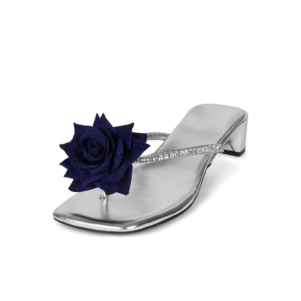  Silver Vegan Leather Opened Sandals With  Blue Rose Decoration & Heels Nicepairs