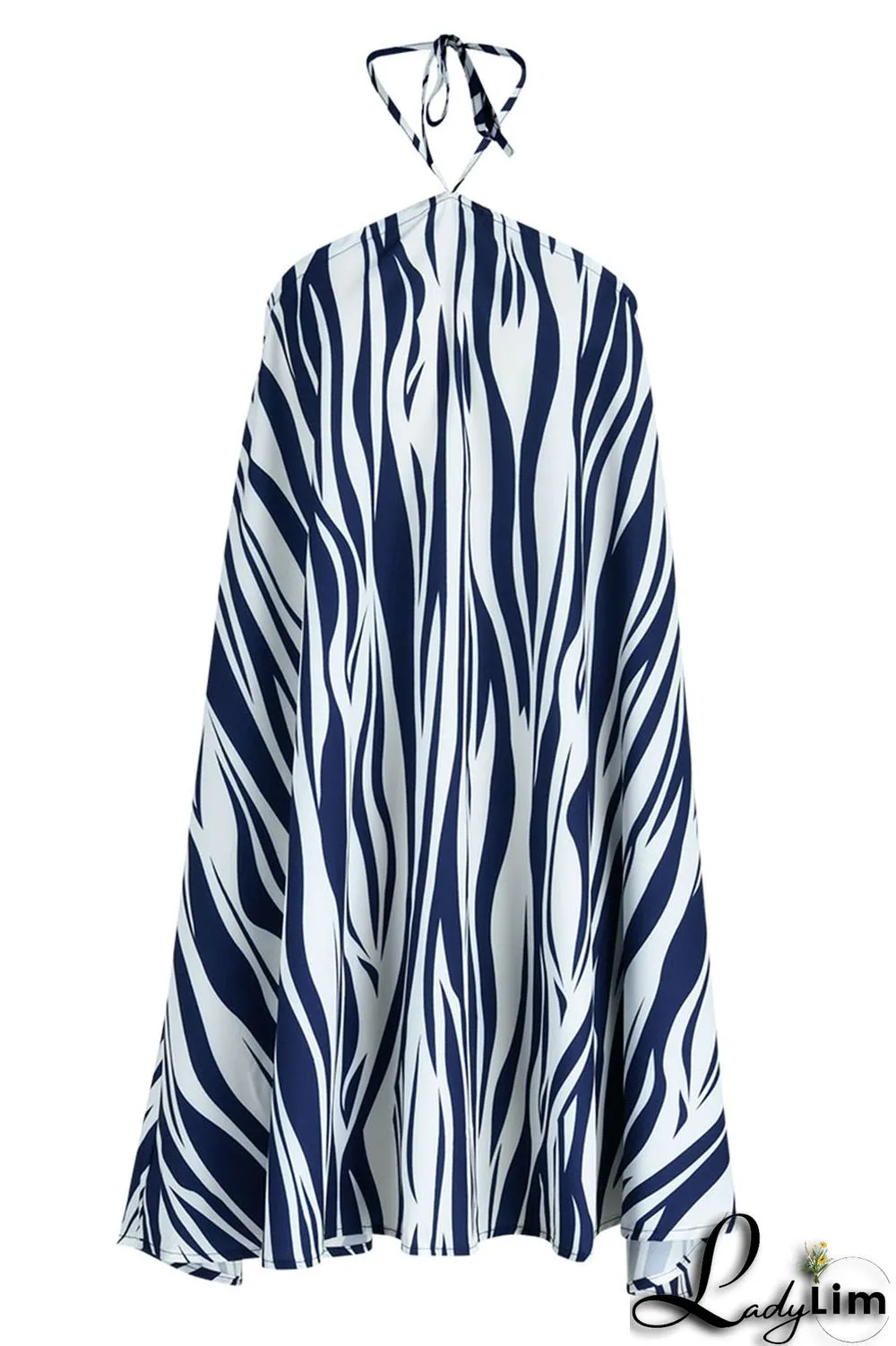 Blue Fashion Casual Print Bandage Backless Halter Sleeveless Dress Dresses