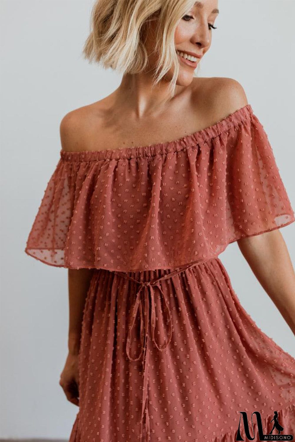 MidiSono - Rust Red Off Shoulder Ruffle Swiss Dot Maxi Dress