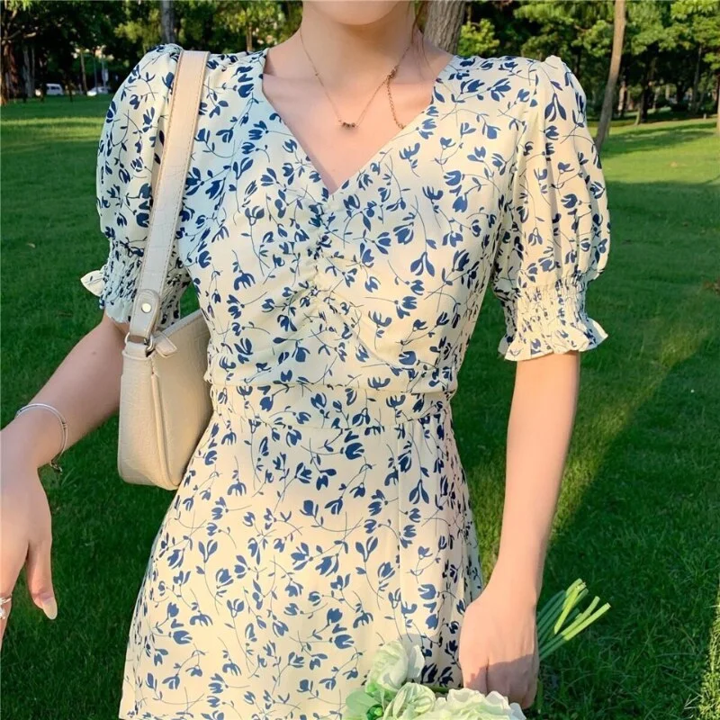 Jangj Style Vintage V-neck Elegant Floral Chiffon Dress Women's 2022 New Spring Summer Fashion Puff Sleeves Slim Long Dress