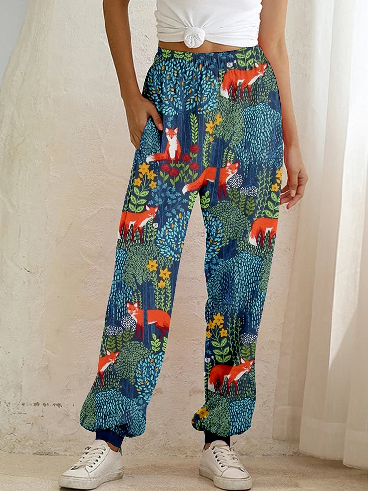 Comstylish Fox in the Forest Graphic Vintage Cozy Sweatpants