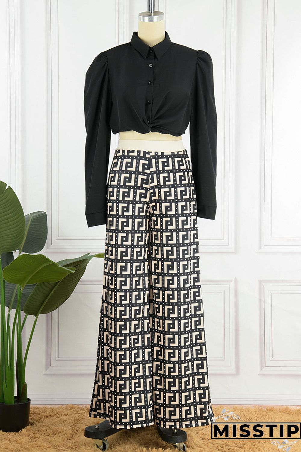 Khaki Casual Print Patchwork Turndown Collar Long Sleeve Two Pieces