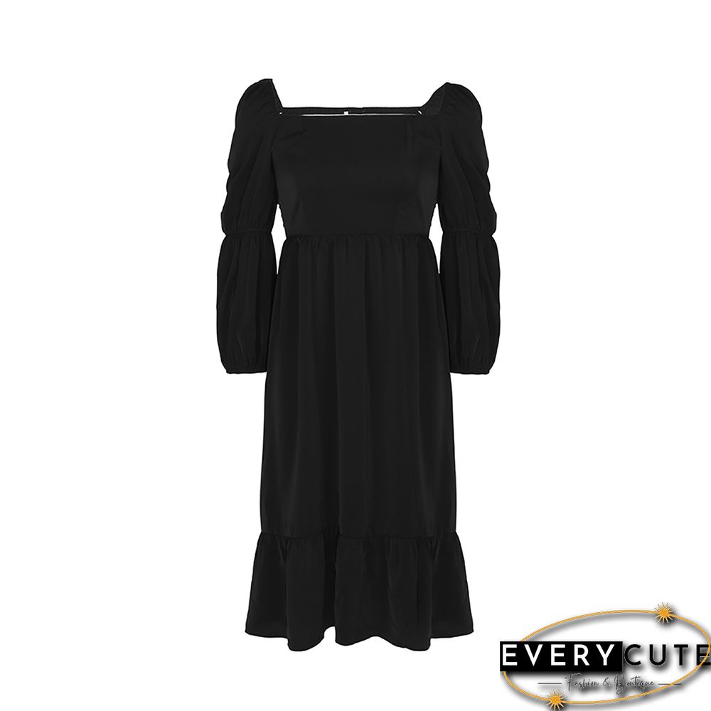 Black Square Neck Ruffle Detail Long Sleeve Dress