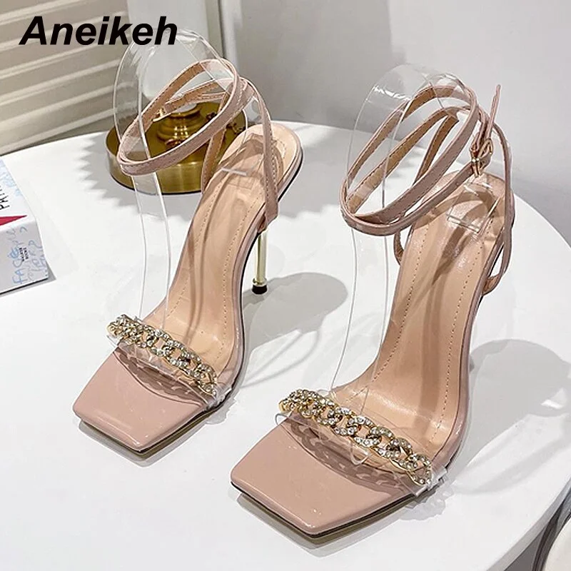 Aneikeh Sexy PVC Chain Crystal Shallow Bling Women's Sandals Summer  Fashion Sewing Thin Heels Cross-Tied 2021 NEW Shoes Sweet