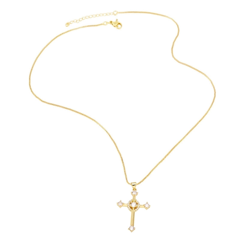 201 Stainless Steel Copper Cable Chain Box Chain 18K Gold Plated Inlay Cross Zircon Pendant Necklace