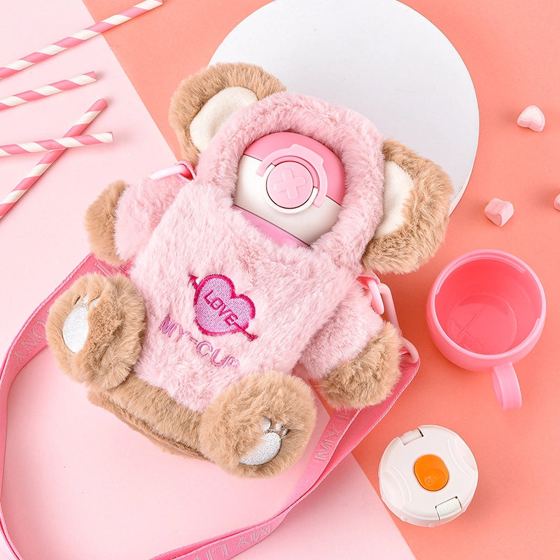 316 Vacuum Cup For Girls With Plush Cup Cover Kettle Crossbody Portable Cute Student Quilt Children Straw Water Cup