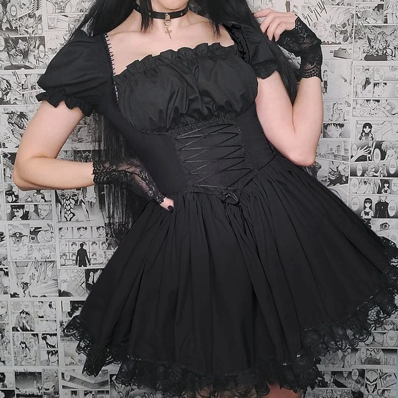 InsGoth Gothic Lolita Black Dress Goth Aesthetic Puff Sleeve High Waist Mini Dress Vintage Lace Trim Bandage Corset Party Dress