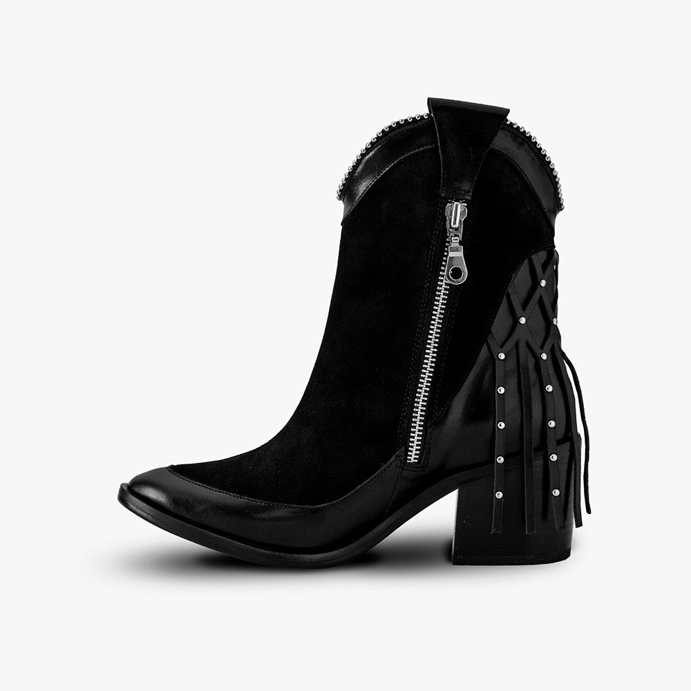 Black Vegan Leather Side-Zipped Studded Western Ankle Boots   