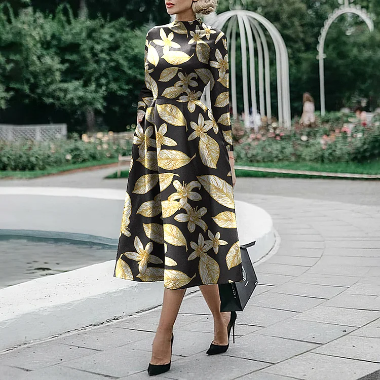 Vefave Elegant Gold Leaf Print Midi Dress