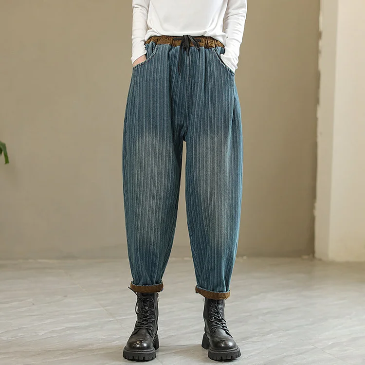 Winter Fashion Patchwork Stripe Furred Harem Jeans