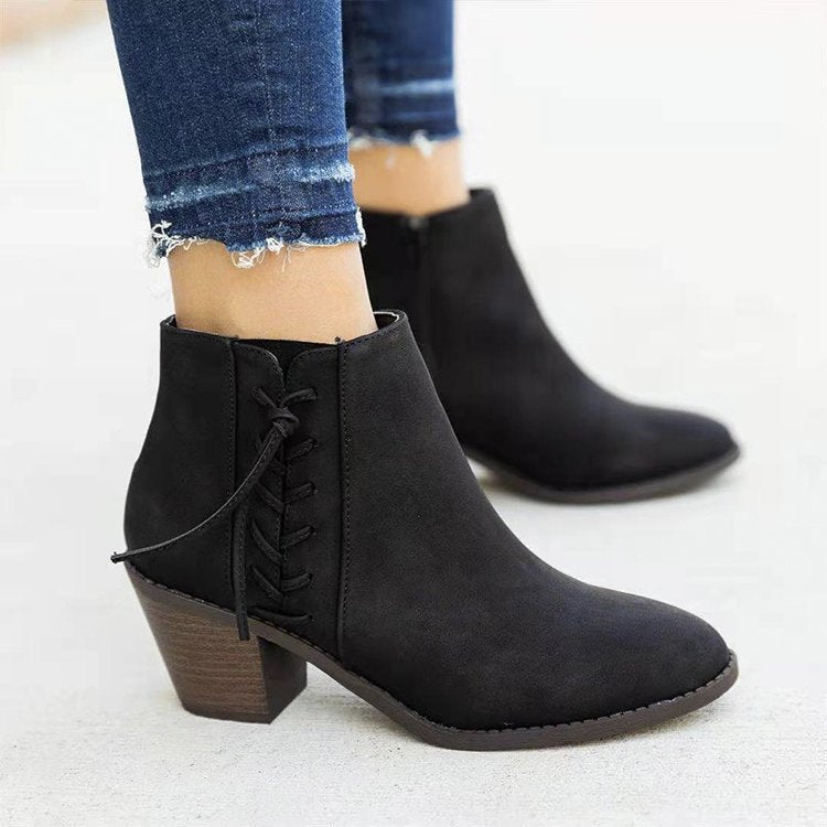 Women's side zipper stacked heels ankle boots Fall winter casual daily booties