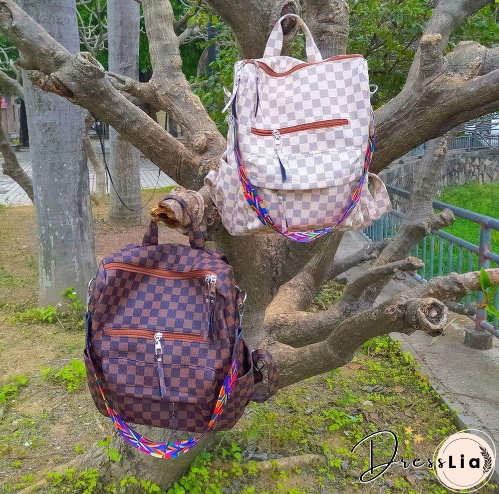 Retro Faux Leather Check Pattern Print Rucksack Vegan Backpack Tote
