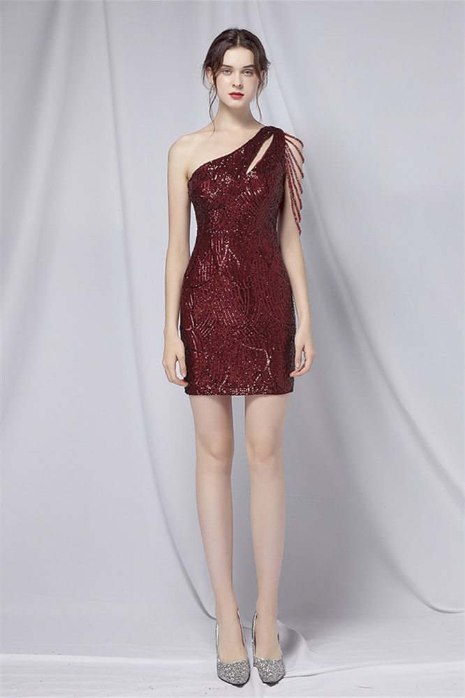Bellasprom One Shoulder Sequins Short Party Dress With Dropped Tassels YE0039