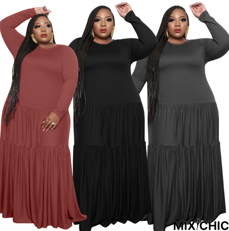 Plus Size Solid Color Patchwork Long Sleeve Loose Maxi Dress