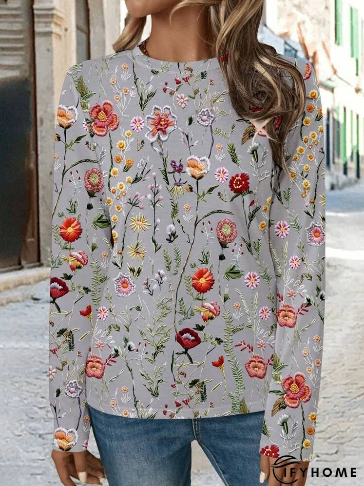 Women's Round Neck Long Sleeve Full Floral Print Casual T-Shirt | IFYHOME