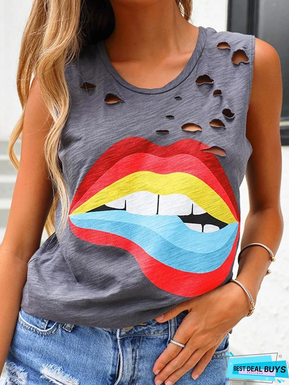 Gray Club Party Daily Printed Cotton Ripped Casual Sleeveless Shift Shirts & Tops