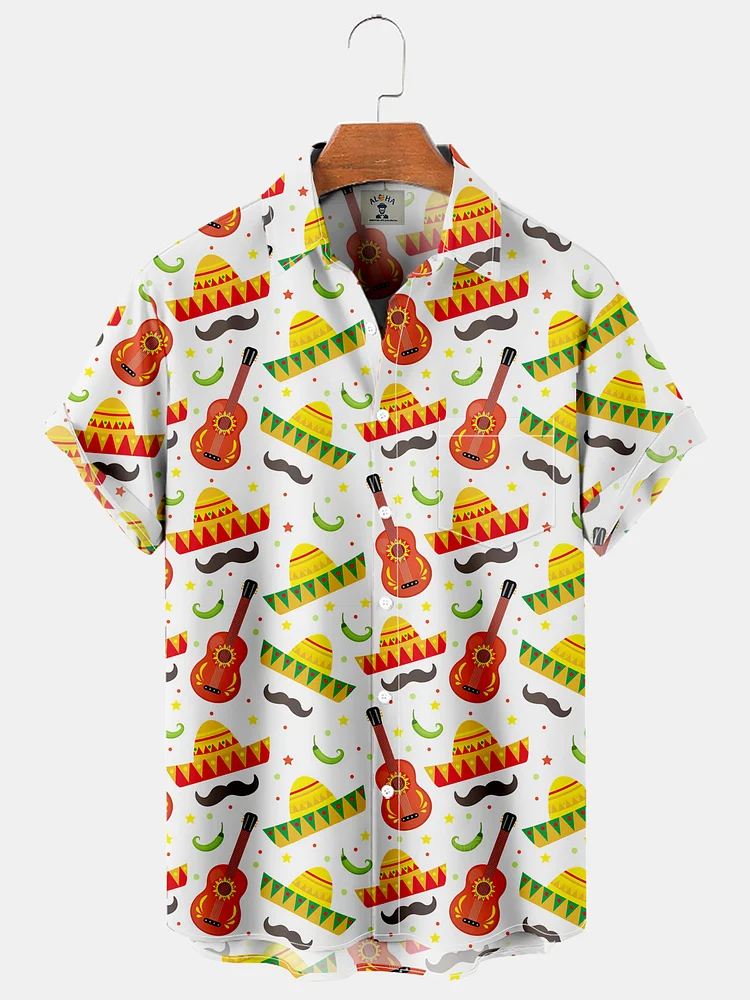 Fun Vintage Beach Print Pocket Short Sleeve Shirt