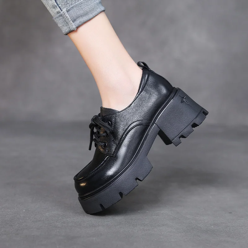 Yyvonne Single Shoe Thick Sole High Heel Year New Leather English Wind Small Leather Shoes Pedalle Shoes
