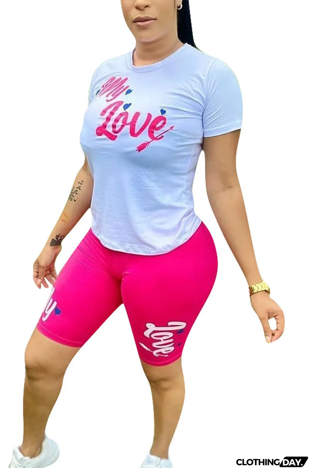 Yellow Fashion Casual Letter Print Two Piece Suits pencil Short Sleeve Two Pieces