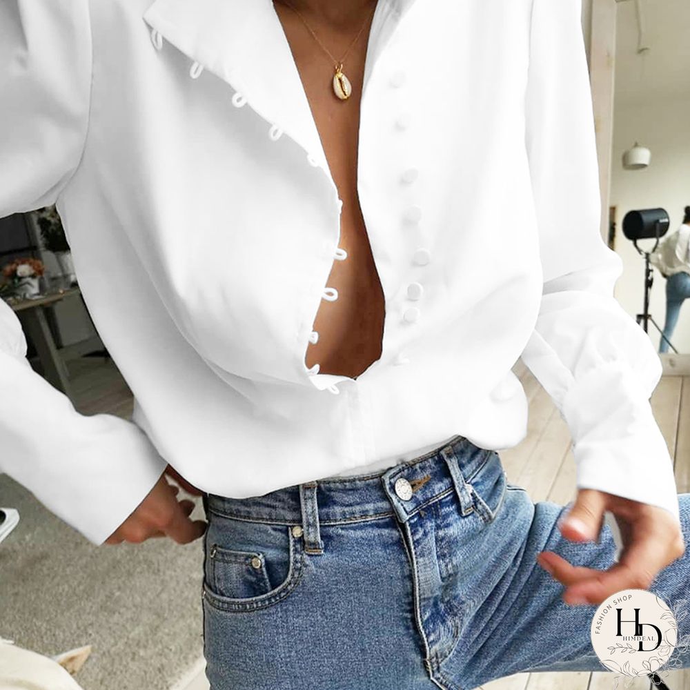 Elegant Turtleneck Blouse Long Sleeve White Shirt Office Ladies Top Casual Solid Single-Breasted Puff Sleeve Womens Blouses