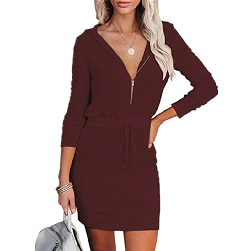 Woman Zip Long Sleeve Hooded Tunic Dress