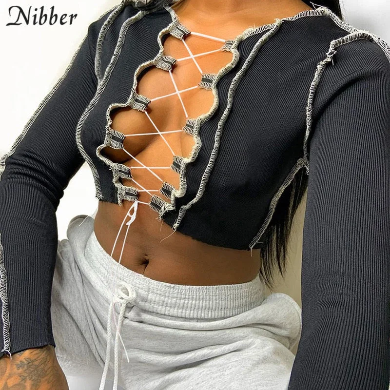 Nibber sexy hollow out bandage tops women neon color Ribbed knitting tee shirt female 2021 summer club party street casual wear