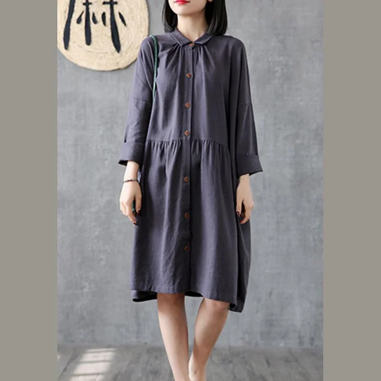 Women lapel wrinkled linen cotton Tunic Outfits gray Dresses
