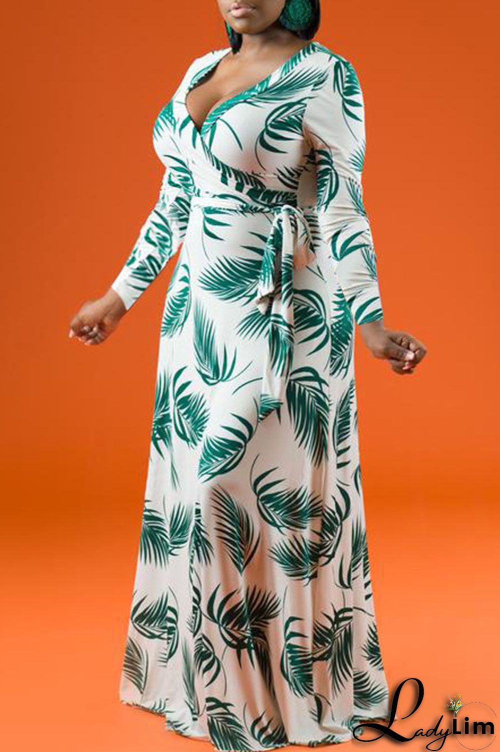 Tangerine Casual Print Patchwork V Neck Straight Plus Size Dresses